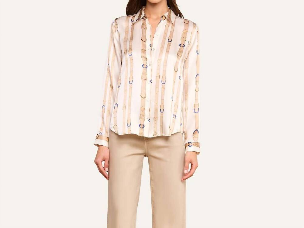 NEW L'AGENCE tyler long sleeve blouse in ecru multi stud belt stripe